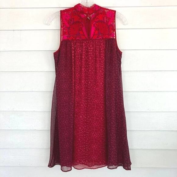 Anthropologie Niki Mahajan Sleeveless Embroidered Red Pink Lace High Neck Dress - Picture 2 of 7